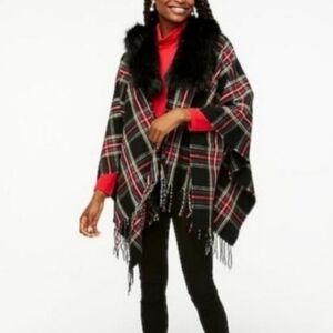 J. Crew Multicolor Plaid Cape with Faux Fur